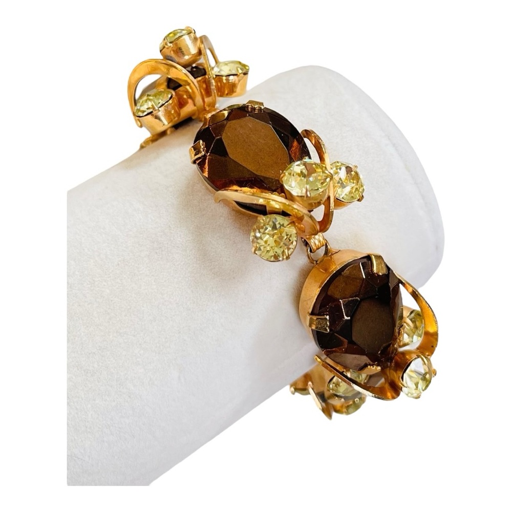 Vintage Chunky Large Pear Shape Bronze & Jonquil Rhinestones Gold Tone Bracelet